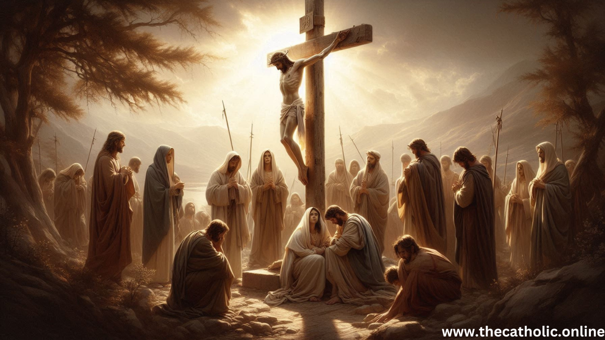 An illustration of the crucifixion of Jesus Christ, with Jesus on the cross illuminated by a radiant light. A large group of people in robes surrounds the scene, some kneeling in prayer and others standing with staffs or spears. The background shows mountains and trees, creating a solemn, reverent atmosphere.