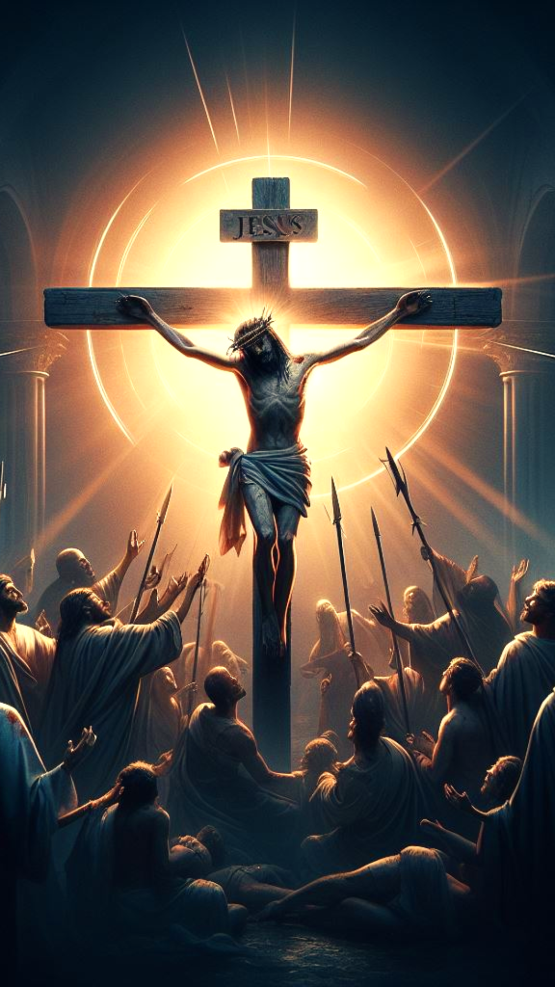 People crying near the crucifed jesus wall paper