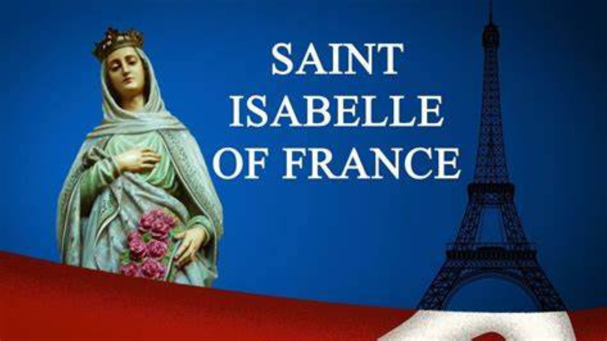 Picture of St Isabelle of France and in Eiffel tower in the background