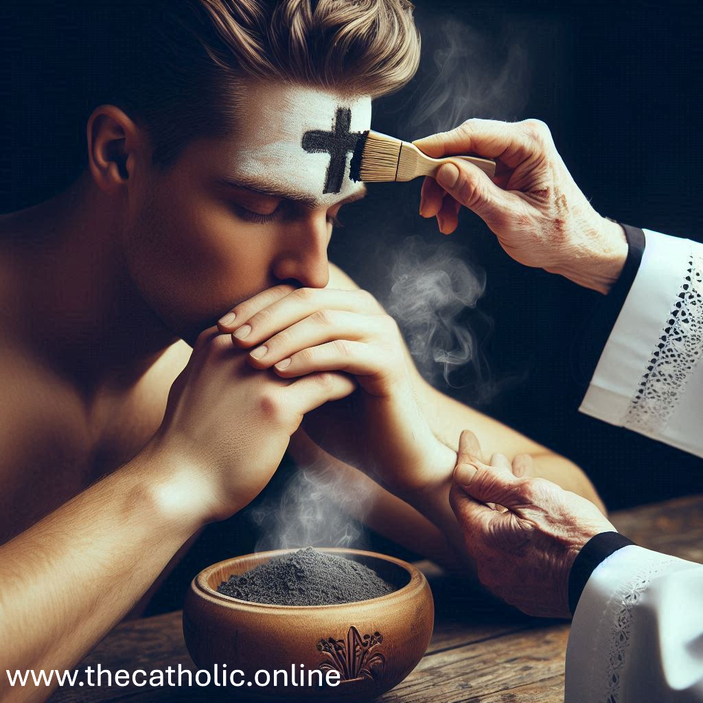 Welcome to The Catholic 8 A priest applies ashes on a person's forehead during an Ash Wednesday ceremony. The person stands with clasped hands in prayer, while a bowl of ashes is visible on the table in front of them. The website URL 'www.thecatholic.online' appears at the bottom left corner of the image.