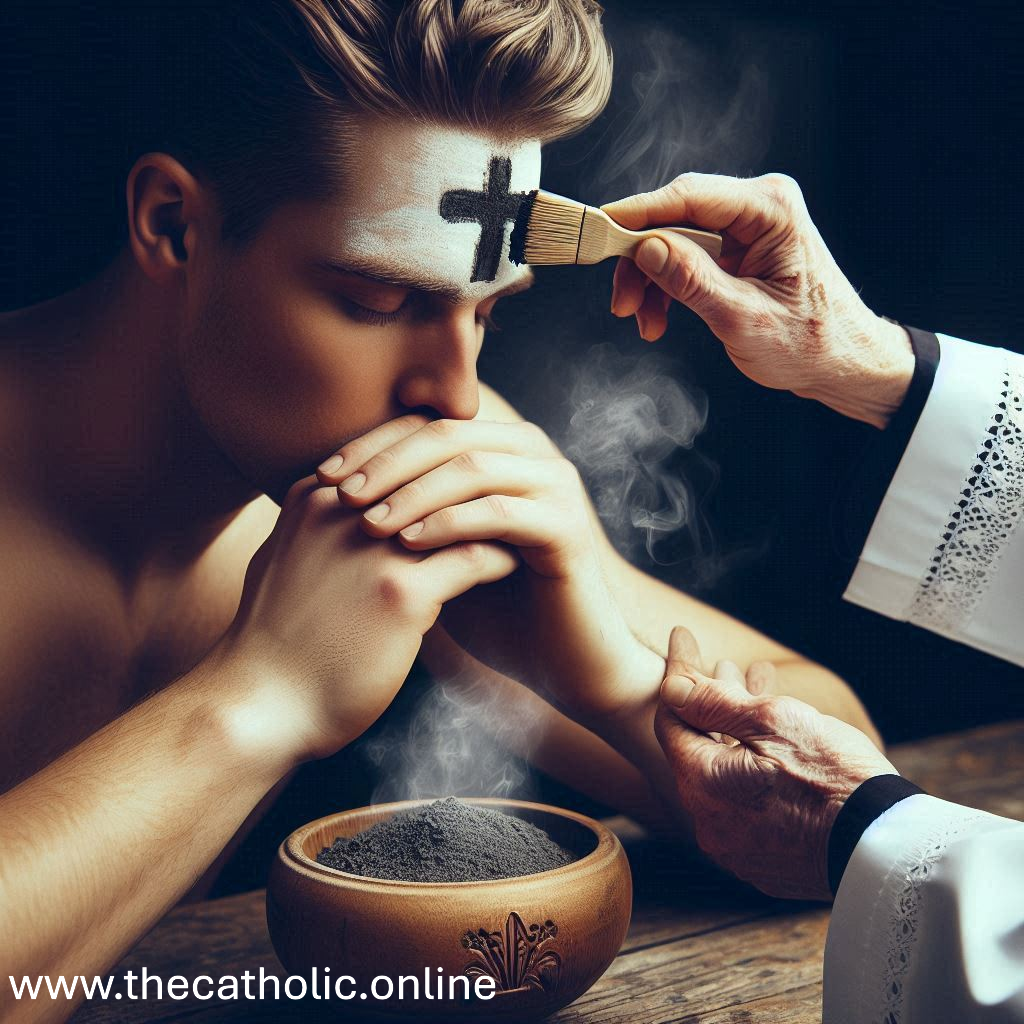 A priest applies ashes on a person's forehead during an Ash Wednesday ceremony. The person stands with clasped hands in prayer, while a bowl of ashes is visible on the table in front of them. The website URL 'www.thecatholic.online' appears at the bottom left corner of the image.