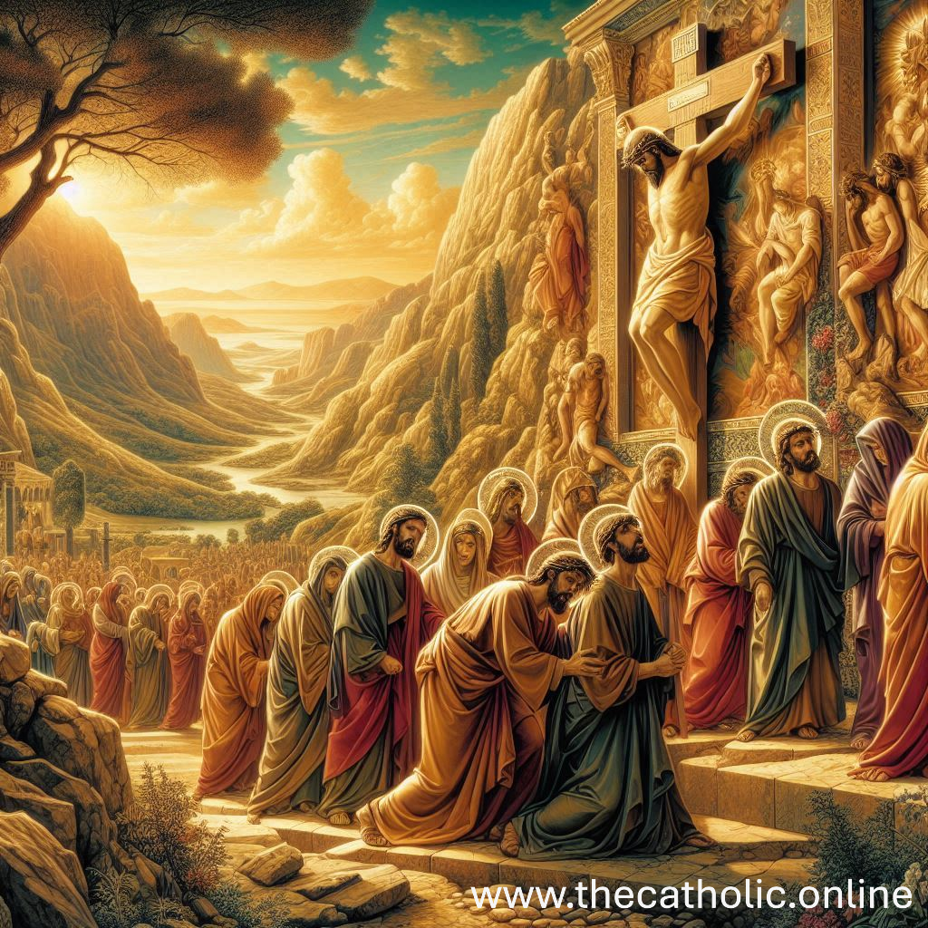 Welcome to The Catholic 9 A large group of people gathered around a crucifixion scene in a dramatic landscape. The background features mountains, a river, and a bright sky. The people, dressed in robes, appear to be mourning or paying respects. The website 'www.thecatholic.online' is visible at the bottom of the image.