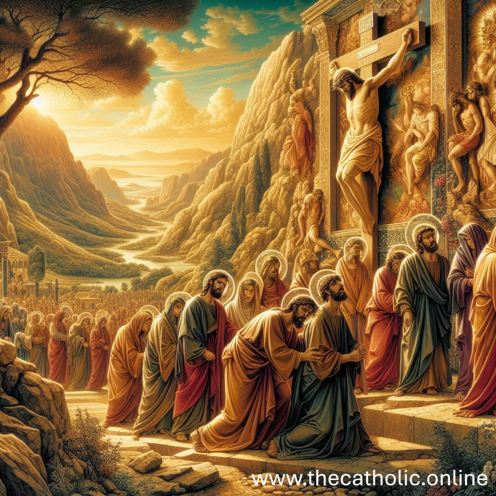 A large group of people gathered around a crucifixion scene in a dramatic landscape. The background features mountains, a river, and a bright sky. The people, dressed in robes, appear to be mourning or paying respects. The website 'www.thecatholic.online' is visible at the bottom of the image.