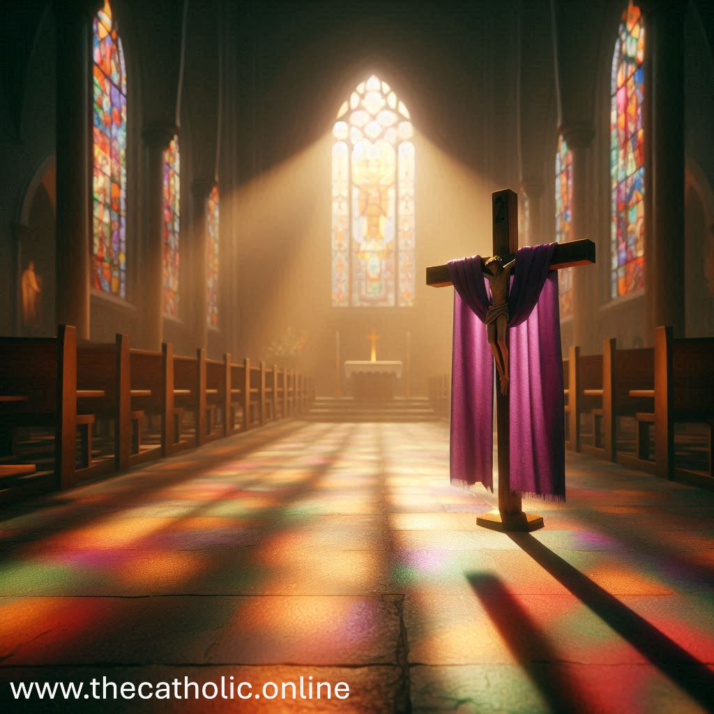 Welcome to The Catholic 7 A sunlit church interior with rows of wooden pews, colorful stained glass windows, and a cross draped with a purple cloth in the foreground. The light streaming through the stained glass creates a vibrant pattern on the floor. The altar is visible in the background, illuminated by the sunlight. The text 'www.thecatholic.online' is displayed at the bottom left corner of the image.