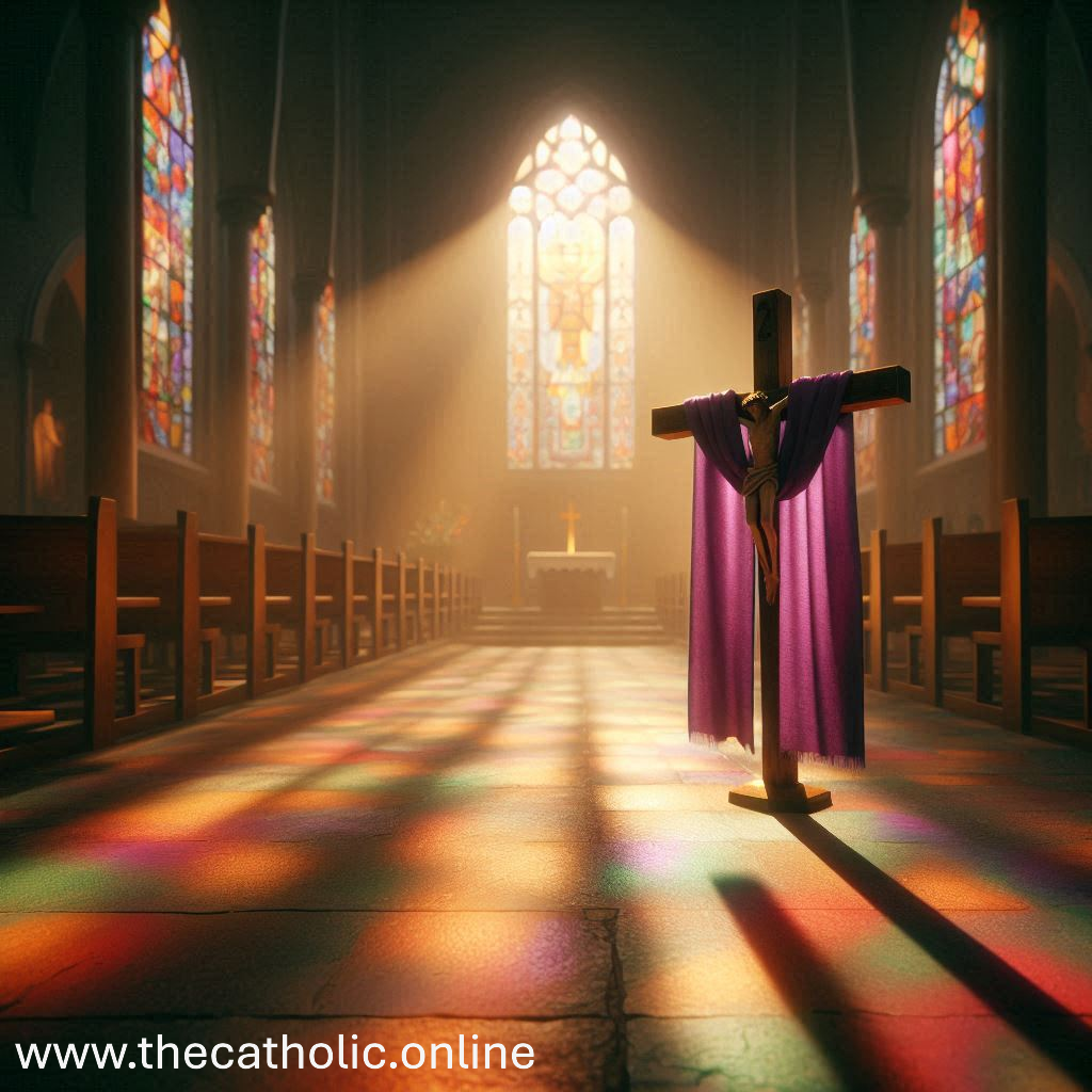 A sunlit church interior with rows of wooden pews, colorful stained glass windows, and a cross draped with a purple cloth in the foreground. The light streaming through the stained glass creates a vibrant pattern on the floor. The altar is visible in the background, illuminated by the sunlight. The text 'www.thecatholic.online' is displayed at the bottom left corner of the image.