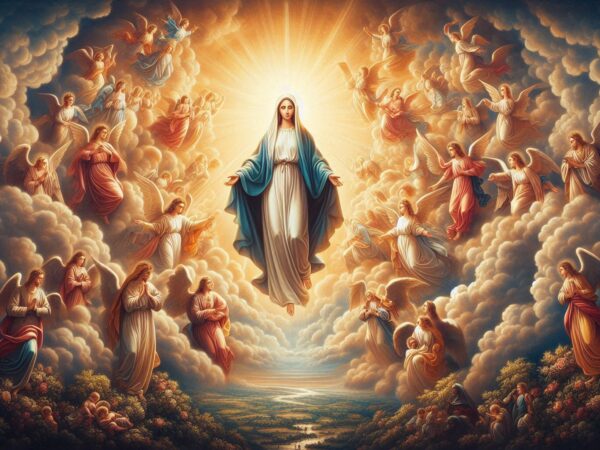 A divine figure of Virgin Mary stands at the center, surrounded by angels with outstretched wings, set in a celestial and heavenly scene, radiating light and grace.