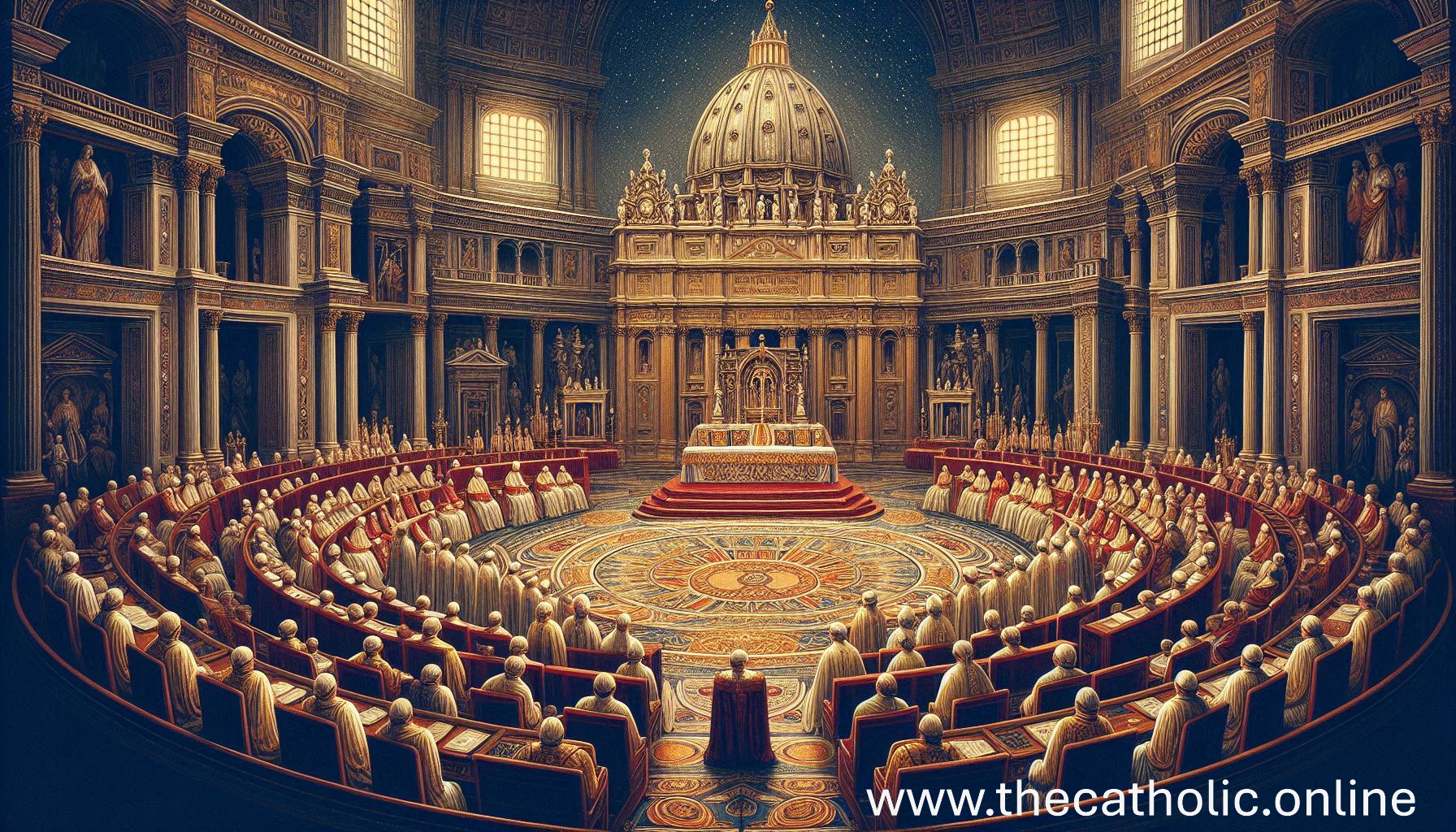 A grand hall resembling St. Peter's Basilica, filled with clergy members in white and red robes seated around a central altar. The ornate space has statues, columns, and large windows. The URL "www.thecatholic.online" is visible at the bottom right corner