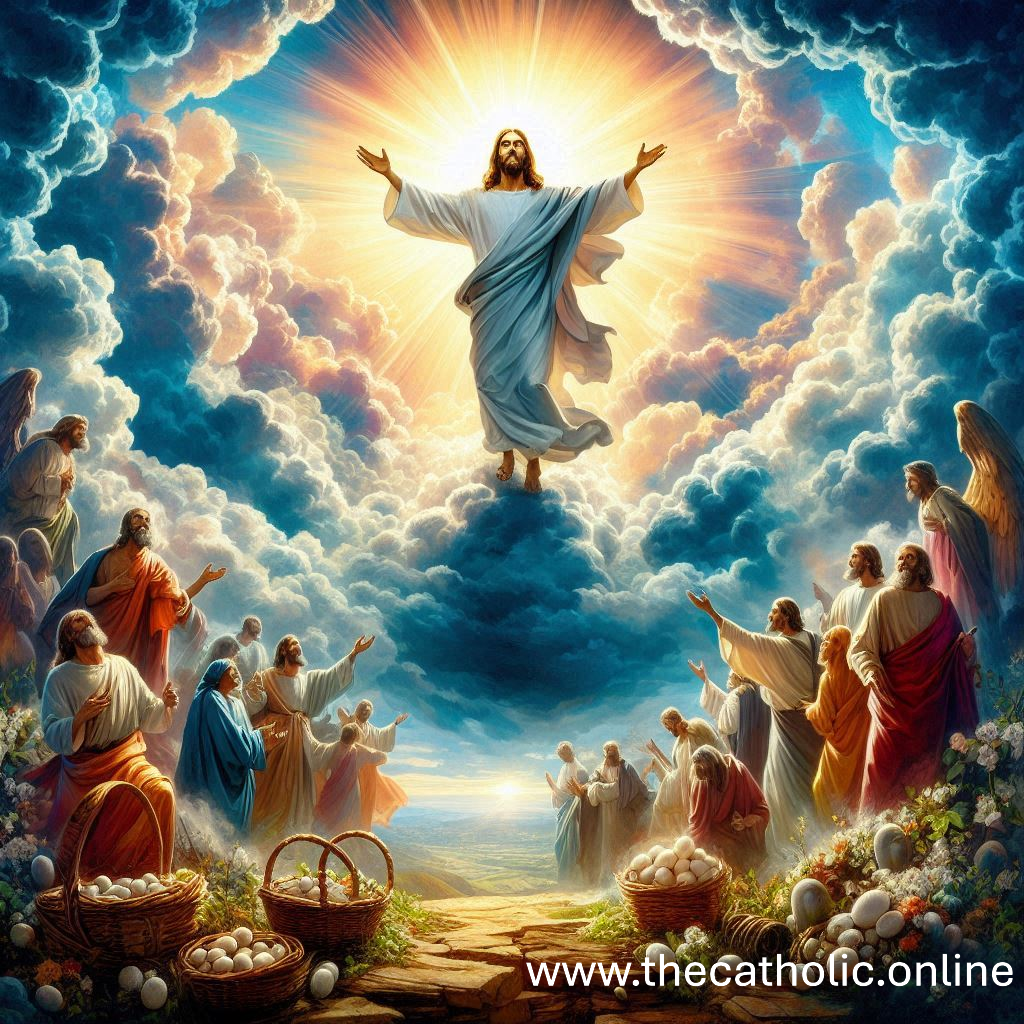 Illustration of Jesus ascending into the sky, surrounded by radiant light and clouds, with disciples or followers below looking upwards in awe. The foreground features baskets filled with eggs and flowers, adding vibrant details to the religious scene