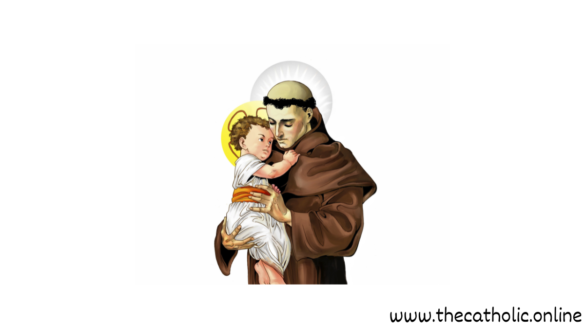 A picture of St Anthony of padua holding infant jesus in his arms with the white background