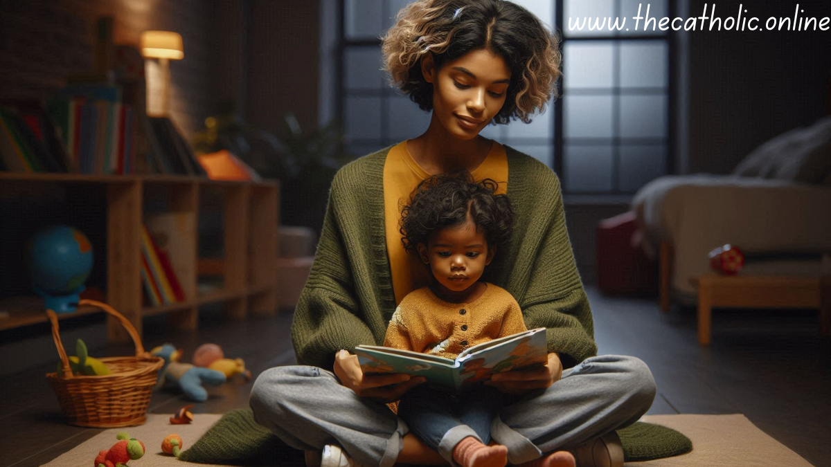 A biracial toddler with wavy hair sitting on her mother's lap in a 35mm photorealistic style. The middle-aged African American mother is sitting cross-legged on the floor wearing a warm, green cardigan, a yellow shirt, and has short, closely-cropped hair. The mother is holding a children's book in her hands in front of the toddler who is looking inquisitively at the book. Surrounding the people is a simple children's playroom with dark, evening light coming through a window in the background. There is a floor lamp shining a dim, hazy light on the book, creating a faint, warm glow around the people.