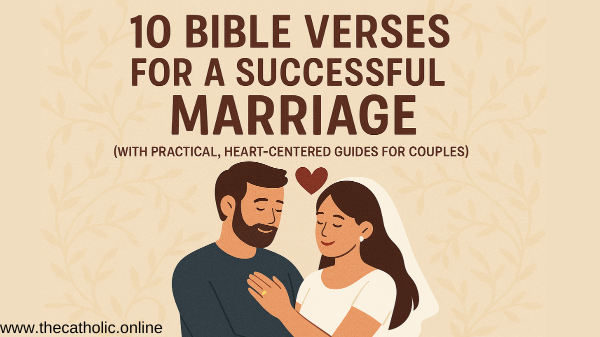 “Illustration of a couple standing close together with a small heart above them, set against a beige background with subtle leaf patterns. The text reads ‘10 Bible Verses for a Successful Marriage (with practical, heart‑centered guides for couples).’ TheCatholic.online appears at the bottom.