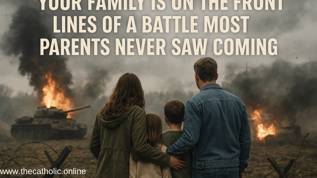 A family of four—two adults and two children—stand together with their backs facing the viewer, looking out over a war‑torn battlefield filled with tanks, flames, and heavy smoke. The sky is darkened by fire and smoke, creating a dramatic, urgent atmosphere. Overlaid text reads: “YOUR FAMILY IS ON THE FRONT LINES OF A BATTLE MOST PARENTS NEVER SAW COMING.” The bottom corner includes the website name “thecatholic.online.”