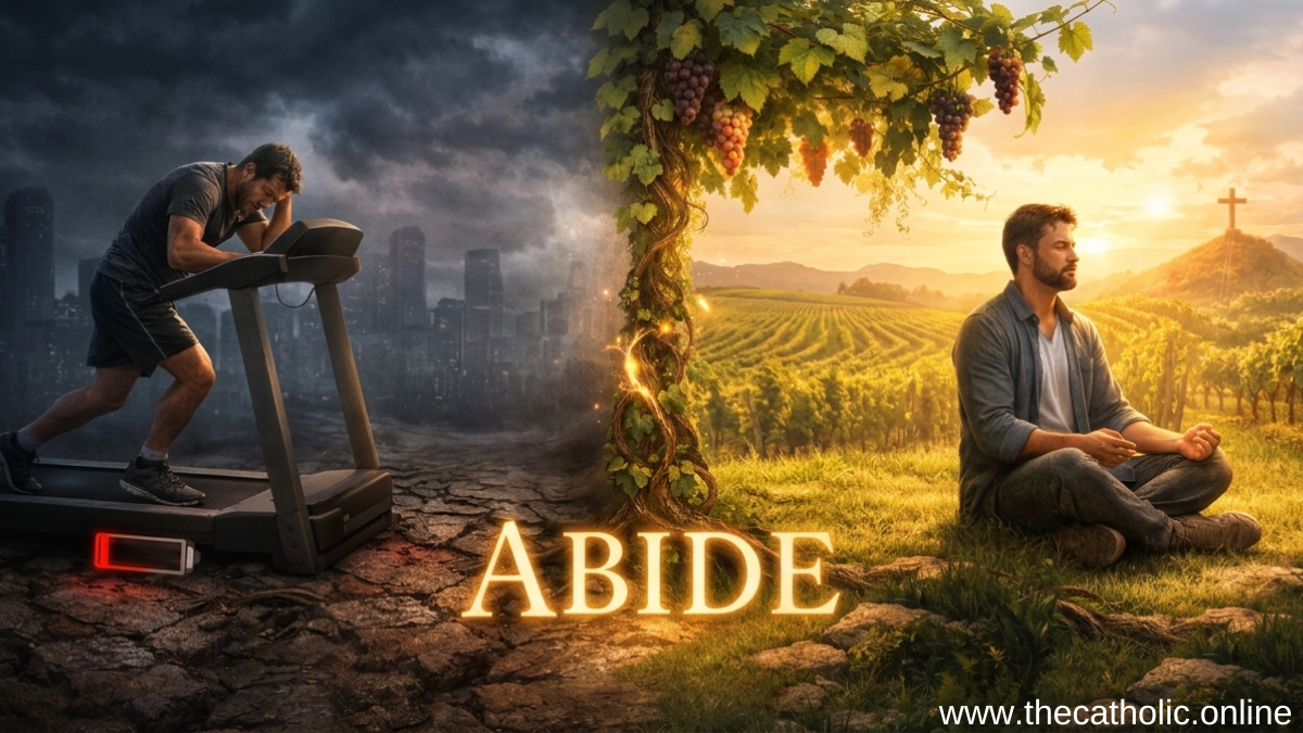 Split image showing a contrast between striving and resting: on the left, a person runs on a treadmill in a dark, cracked urban setting under a gloomy sky; on the right, the same person sits peacefully in a bright vineyard surrounded by green vines, with a cross on a distant hill. The glowing word ‘ABIDE’ appears at the center, bridging the two scenes.