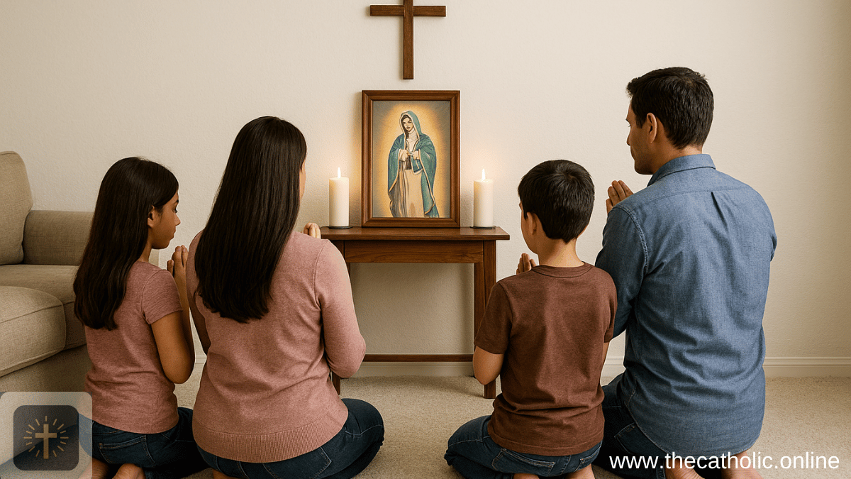 6 Reasons You Should Pray Together as a Family 15 A family of four kneels in prayer before a small home altar featuring a framed image of the Virgin Mary, two lit candles, and a wooden cross mounted on the wall. They face the altar with hands clasped, in a warm living‑room setting with a beige sofa and carpeted floor. The scene reflects a moment of shared devotion. The text “thecatholic.online” appears in the corner.